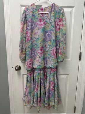Vintage Pastel Floral Drop Waist Dress 20s style
